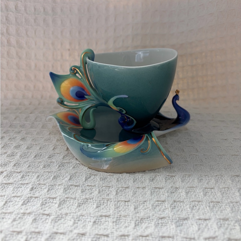 Vintage Kathy Ireland With Franz Peacock Feather Teacup & Saucer Set Signed